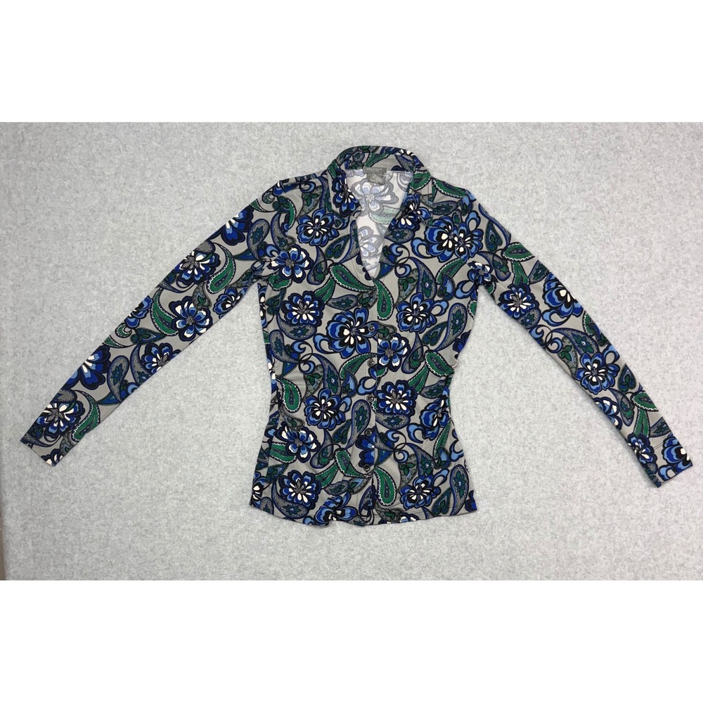 Ann Taylor Petite Floral Paisley Print V Neck Button Front Long Sleeve Top XXSP